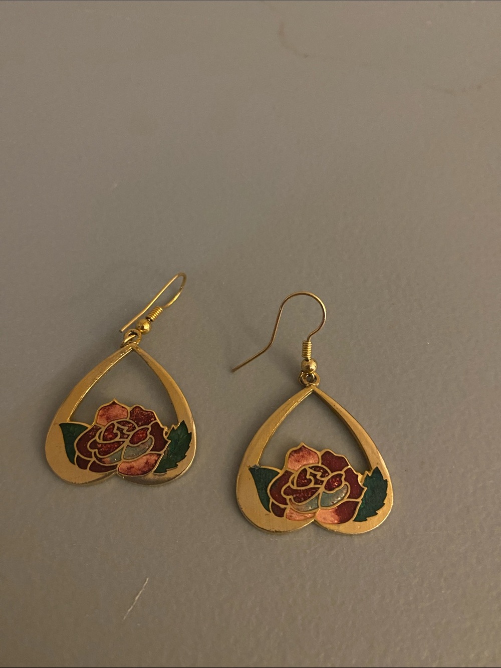 Gold Tone Cloisonné Floral Heart Drop Earrings - Unbranded